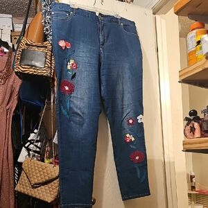 Eloquii Blue Jeans with Colorful Floral Embroidery